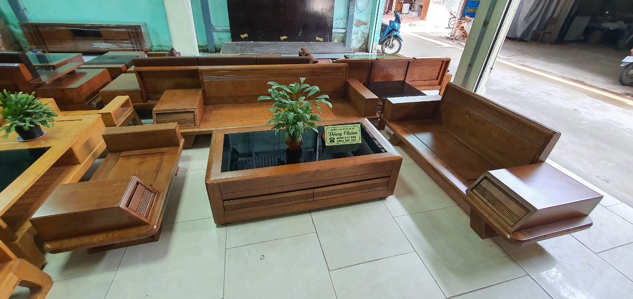 Bộ bàn ghế gỗ 2 văng thuyền người kéo vát gỗ sồi làm màu óc chó