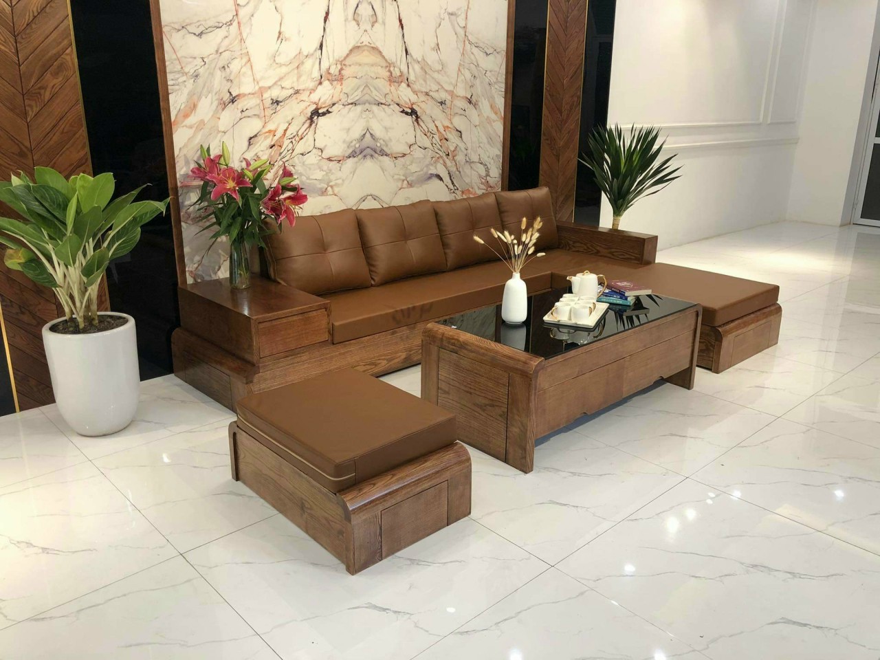 Bộ bàn ghế phòng khách góc gỗ sồi chân cong
