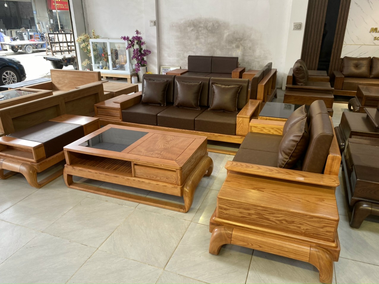 Bộ bàn ghế phòng khách 2 văng đùi gà gỗ sồi lau hương