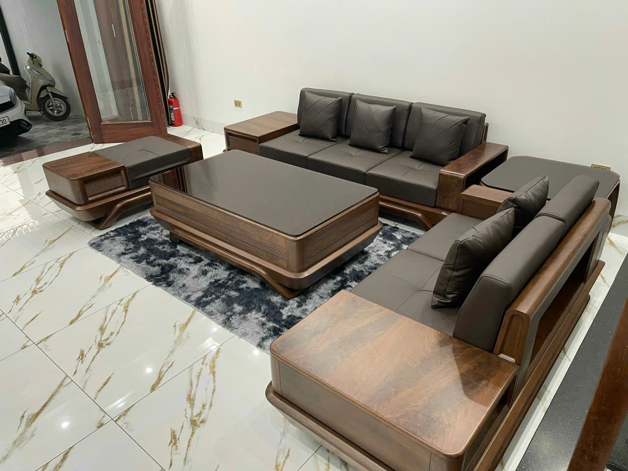 Bàn ghế phòng khách sofa 2 văng thuyền gỗ óc chó loại 1 hàng cao cấp