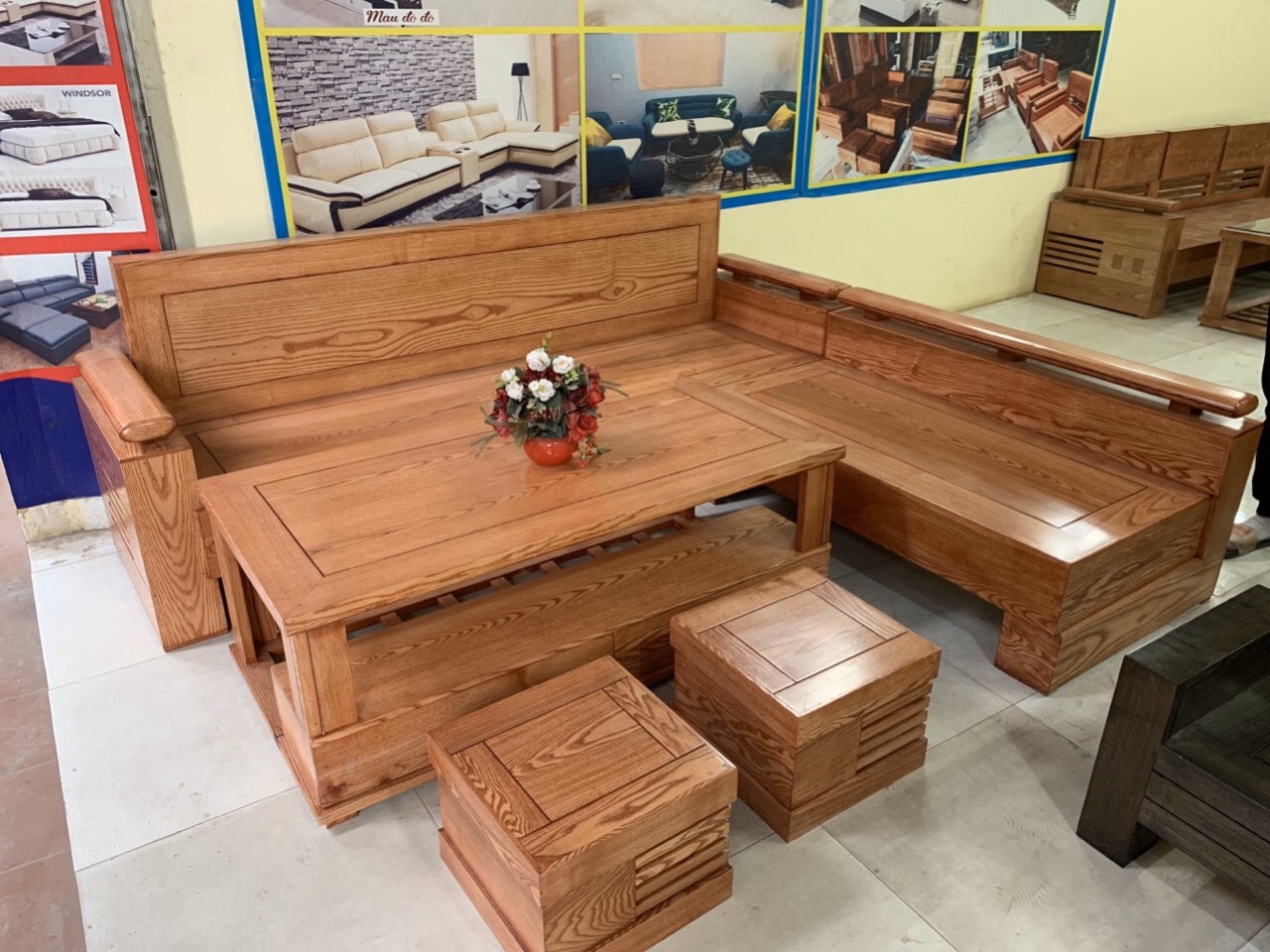 Bộ Bàn Ghế Sofa Gỗ Phòng Khách Sồi Lau Màu Hương