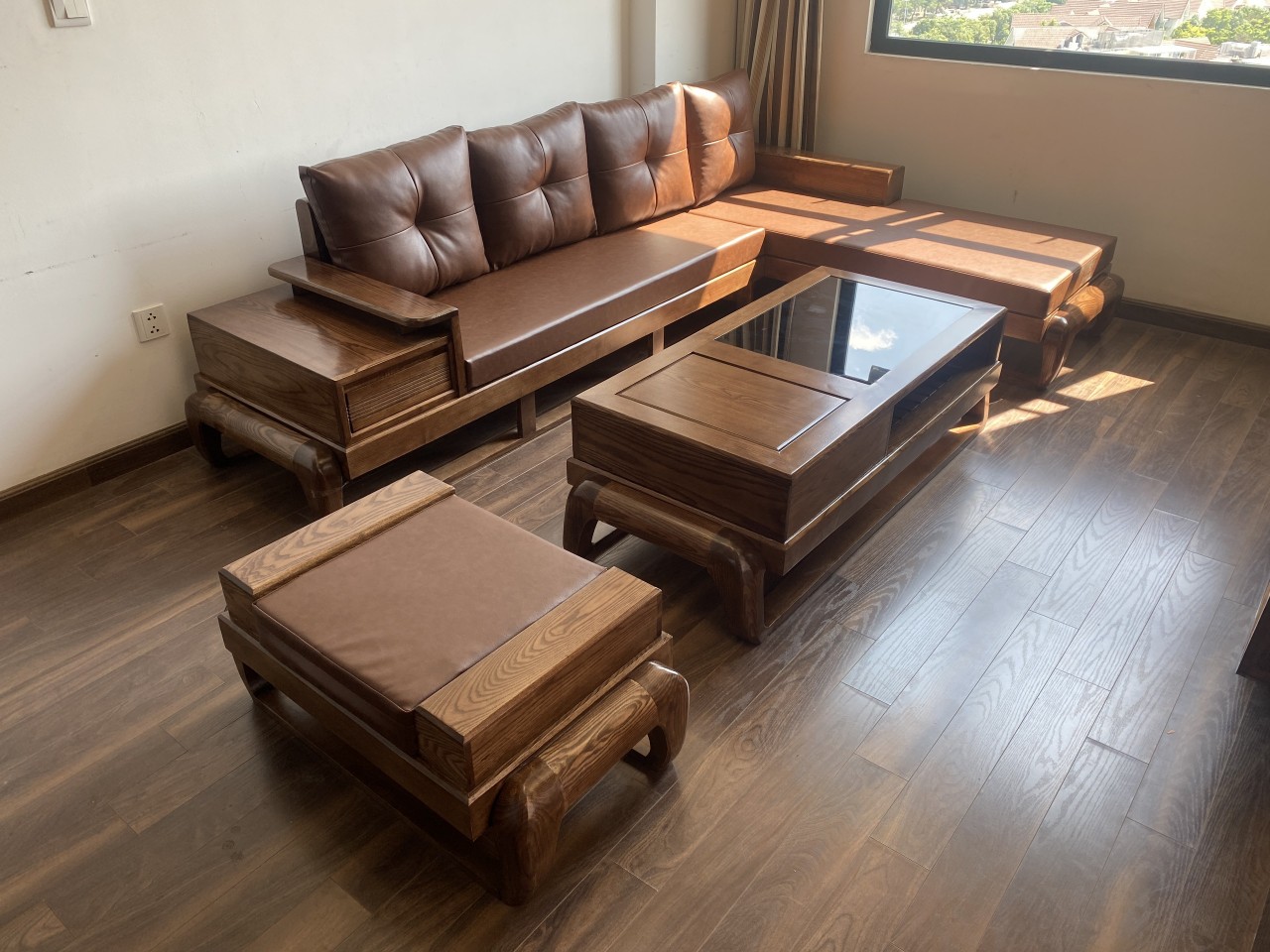 Sofa gỗ phòng khách gỗ sồi màu óc chó
