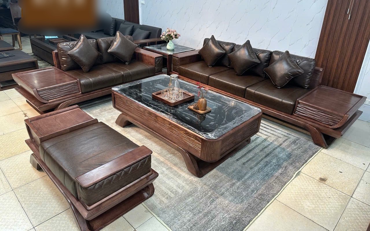 Bàn ghế phòng khách sofa gỗ sồi hàng đại dày 2 lớp