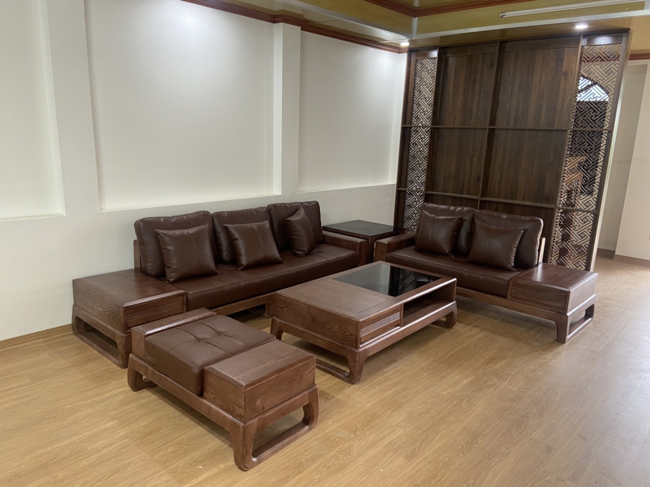 Bộ bàn ghế sofa gỗ phòng khách 2 văng 2025 gỗ sồi lau màu óc chó