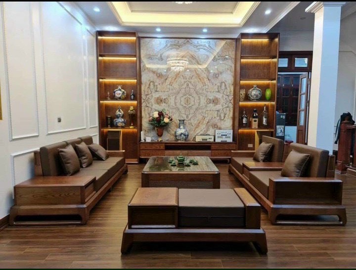 Bộ sofa phòng khách gỗ sồi lau màu óc chó 2 văng